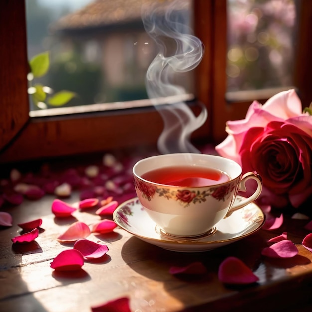 Photo romantic elegant cup of tea with flower petals