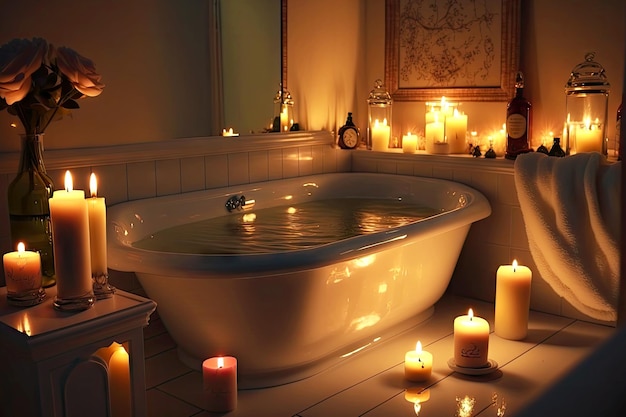 Romantic evening bath in bathroom with candles created with generative ai