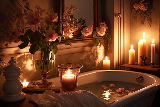 Romantic evening in bath with burning candles and flowers in bathroom with candles created with gene