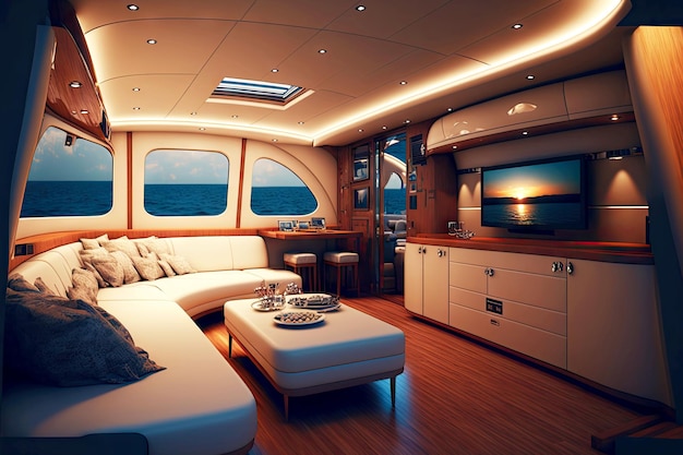 Romantic evening on board yacht Interior by candlelight