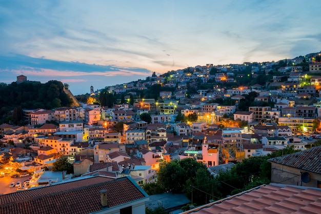 Romantic evening city in the rays of sunset