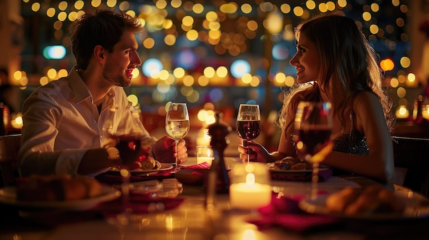 A Romantic Evening Couple in Restaurant with Candles and Wine Glasses