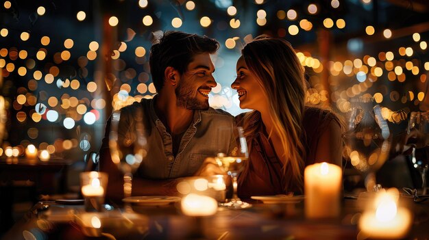 A Romantic Evening Couple in Restaurant with Candles and Wine Glasses