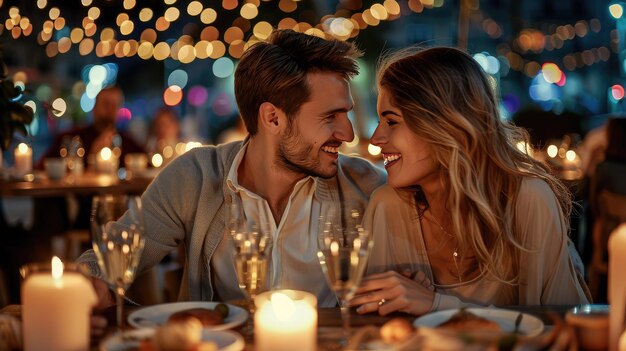 Photo a romantic evening couple in restaurant with candles and wine glasses