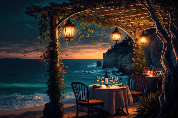 Romantic evening in the gazebo by the sea Evening sunset lanterns flowers and candles Romantic vacation by the sea Night seascape rest AI