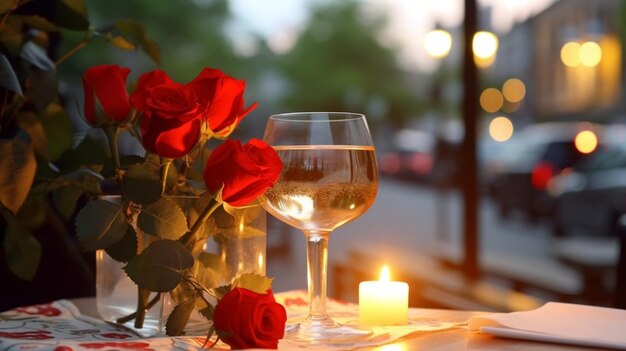 romantic evening glass of wine and roses on table in cafe street on sunset