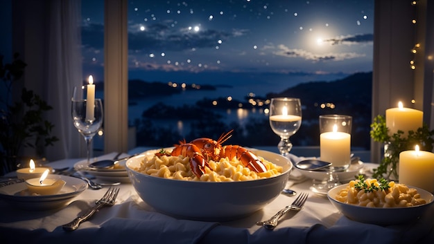 ロマンチックな夜はろうそくの柔らかい輝く光に照らされろうしろの光で夕食を食べる
