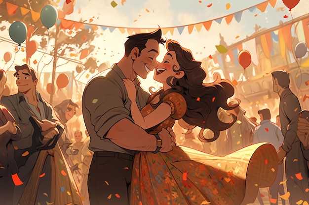 Romantic Fall Cartoons In Love Couple's Whimsical Autumn Scene