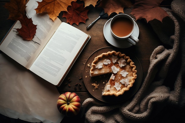 A romantic fall composition featuring an apple pie slice a cup of coffee a book with copy space and autumn foliage warm morning Inside of a hygge home