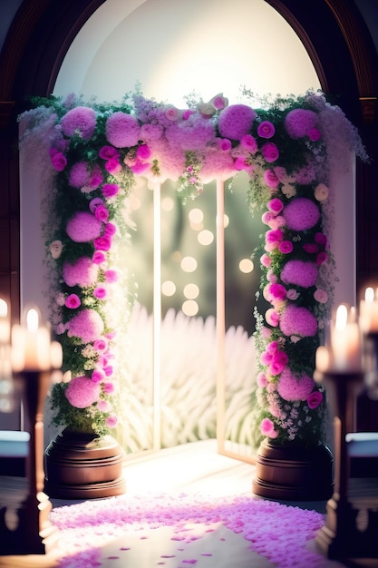ロマンチックなファンタジーの結婚式の祭壇 花棚 気まぐれで夢のような通路を歩く