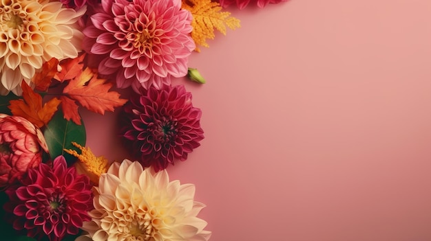 Romantic floral backdrop with copy space Flowers on pink muted background flat lay Generative AI