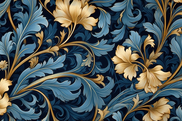 ウィリアム・モリスのスタイルのデザイナーのためのロマンチックな花色の青と金色のパターンの背景
