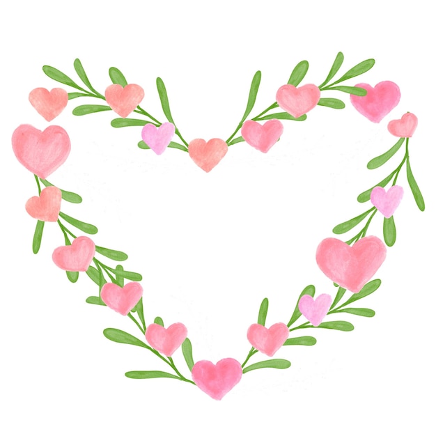 Photo romantic floral hearts frame with pink hearts. watercolor illustration. valentines day.