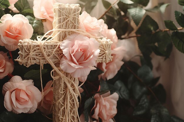 ロマンチックな花の神聖な十字架とローズガーランドヤシの葉デクロスヤシの日曜日の写真クリスチャンアート