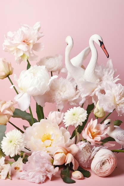 パステル ピンクの背景にコウノトリとロマンチックな花