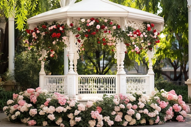 写真 ロマンチックな庭園のガゼボは流れる布と点滅する妖精の光で飾られています