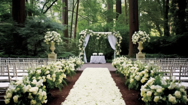 Романтическая обстановка в саду для свадебной церемонии или приема, сгенерированная ИИ