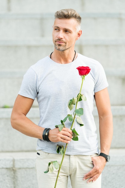 Romantic gentleman Man mature macho with romantic gift Little romance can enhance your love life Handsome guy with rose flower romantic date Valentines day and anniversary Flowers delivery