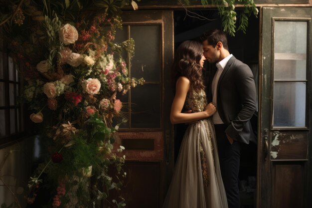 The Romantic Gesture A Couples Kiss at the Doorway With Flowers in Hand