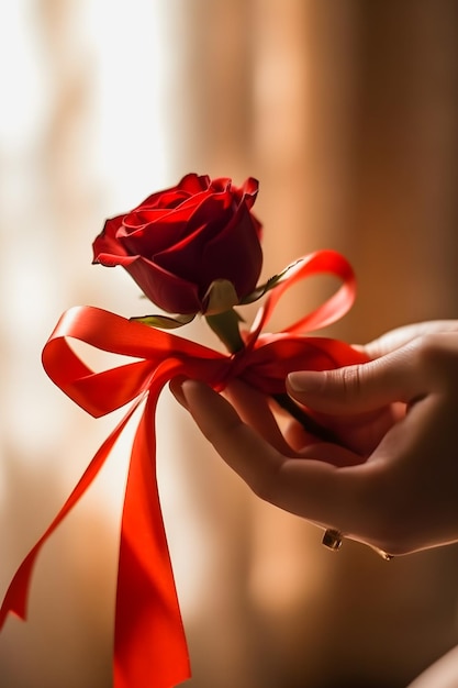 빨간 리본으로 고정된 빨간 장미 사랑 노트를 잡고 있는 로맨틱한 제스처 부드러운 손
