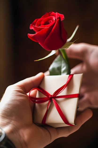 Romantic Gesture Tender Hands Grasping a Red Rose Love Note Secured with Red Ribbon