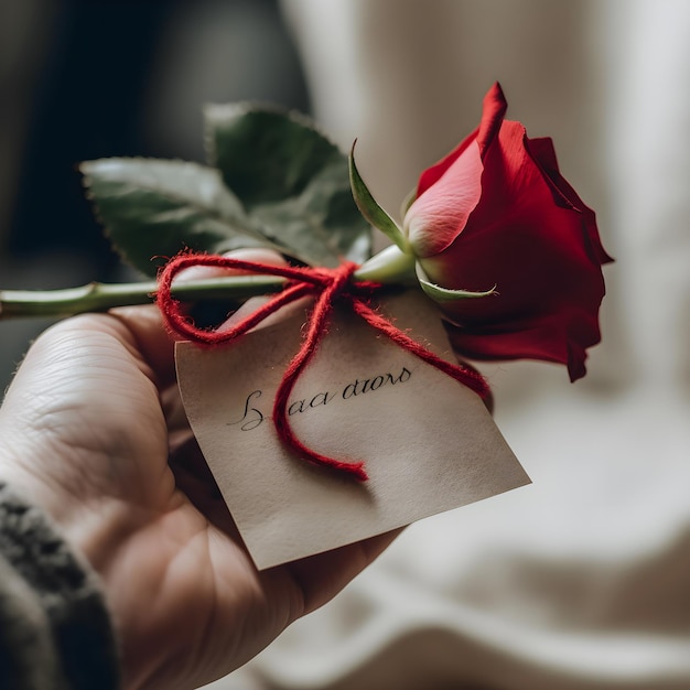 赤いリボンで固定された赤いバラのラブノートを握るロマンチックなジェスチャーの優しい手