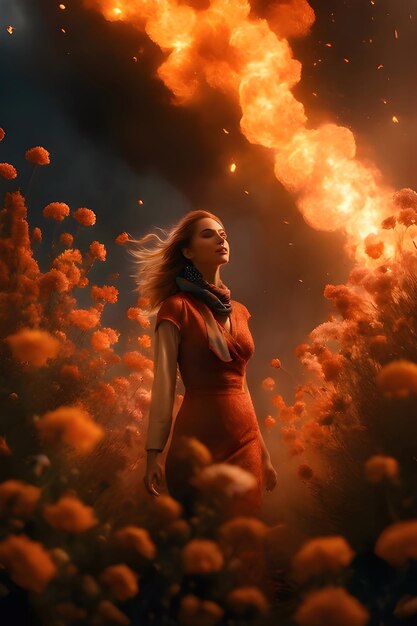 romantic girl surrounded by burning flowers and flames a beautiful romantic scene