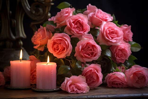 로맨틱 하모니: 불빛으로 장식된 분홍색 장미