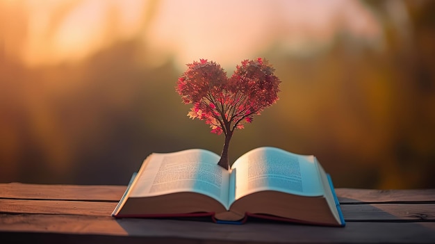 Romantic heart tree on love story book on wood deck blue sky natural bokeh background Generative Ai