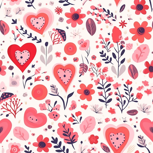 Photo romantic hearts and floral red and pink seamless pattern