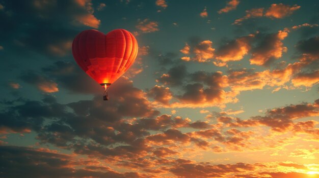 Романтический воздушный шар в форме сердца поднимается на закате