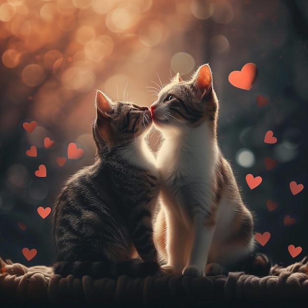 Romantic illustration of couple of cats with hearts