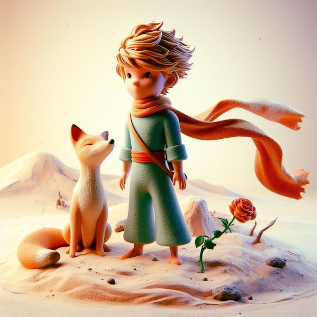 A Romantic Illustration painting drawing picture of the little prince and his flower and the fox