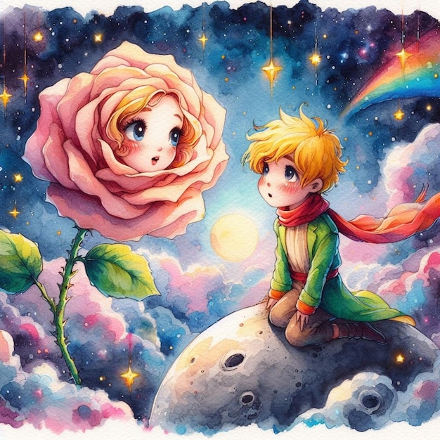 A Romantic Illustration painting drawing picture of the little prince and his flower and the fox