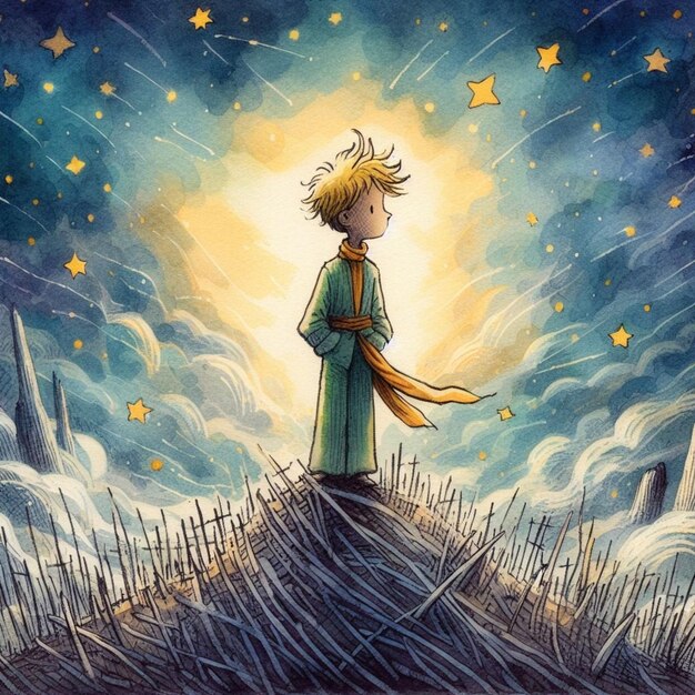 A Romantic Illustration painting drawing picture of the little prince and his flower and the fox