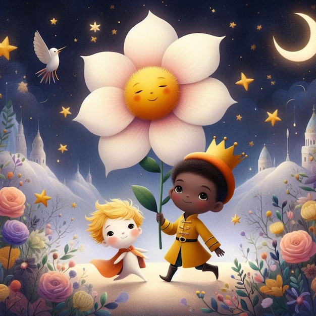 A Romantic Illustration painting drawing picture of the little prince and his flower and the fox