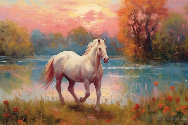 Romantic Impressionist Landscape A Majestic Horse Generative AI