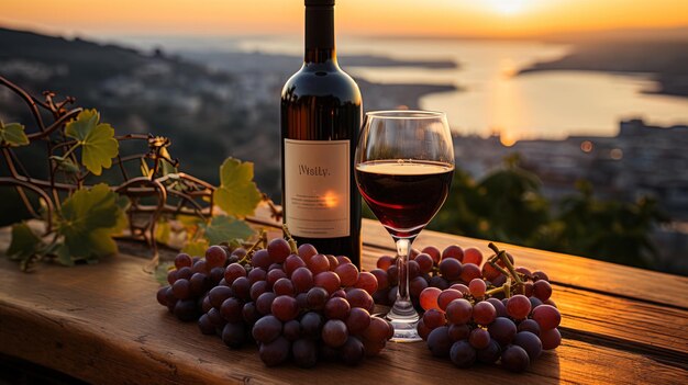 romantic intimate moment at sunset with glasses of red wine in a vineyard with bottle and grapes