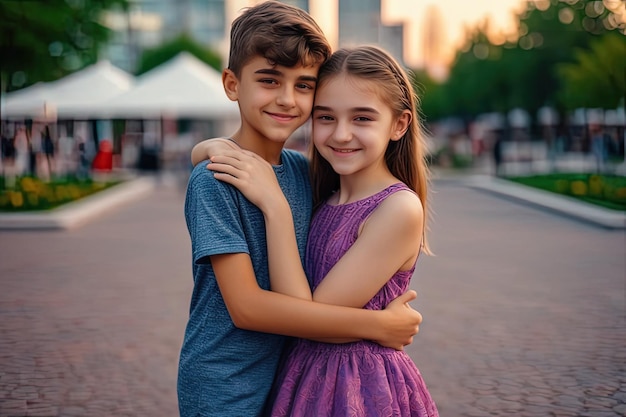 Romantic Kids Couple in street brother and Sister hug in street