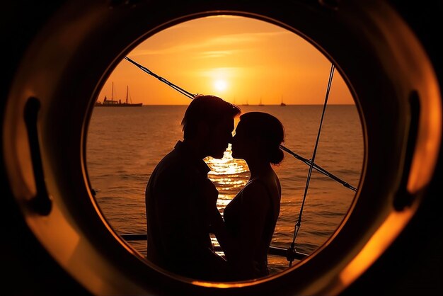 写真 ヨットの舷窓から夕日を眺める恋するカップルのロマンチックなキス