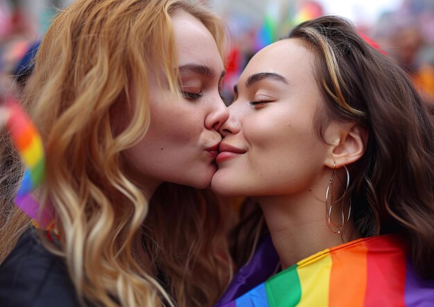 Foto bacio romantico di giovane bella innamorata coppia lesbicamacroai generative