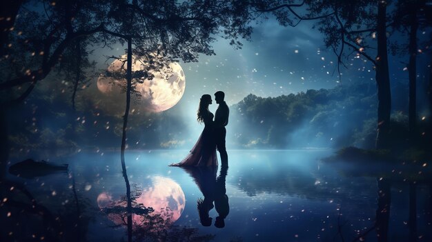 Romantic kissing between silhouette lovers under a full moon and a starry sky generative ai