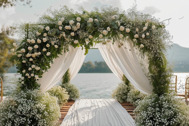 하얀 꽃으로 장식한 로맨틱한 호숫가 결혼식