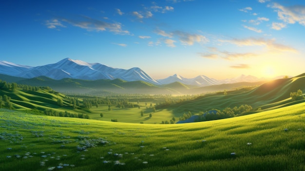 Romantic Landscapes Green Fields Mountains And Stunning Sunrise