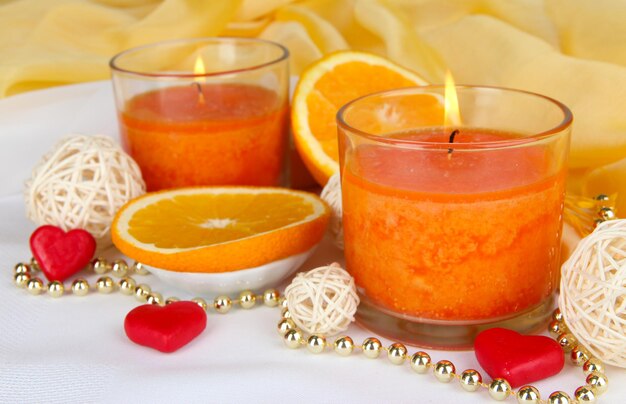 Romantic lighted candles close up