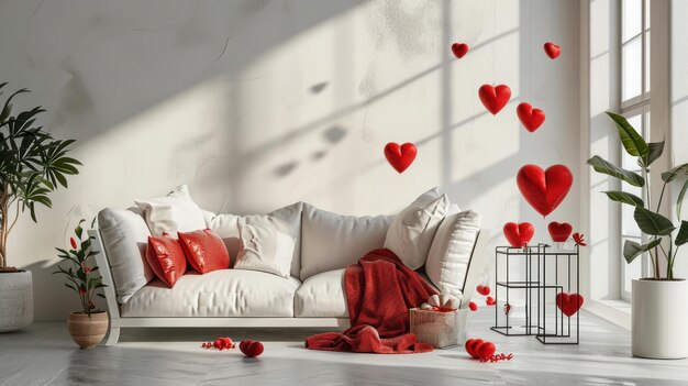 Photo romantic living room interior with sofa and valentines day decor photo session in the studio