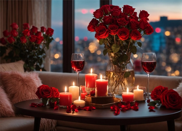 Romantic Living room Table Setting with Red wine Glasses Red roses and Scented Candles