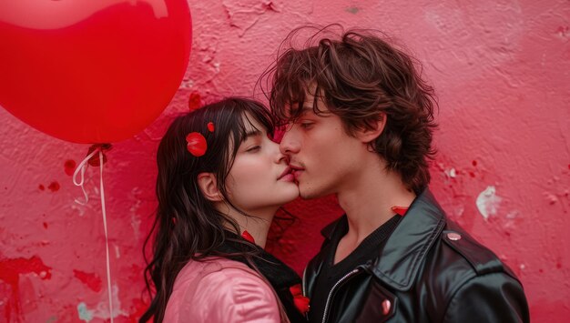 Romantic Love Concept Man and Woman Kissing in Front of Heart Shaped Balloon and Pink Wall extreme closeup Generative AI