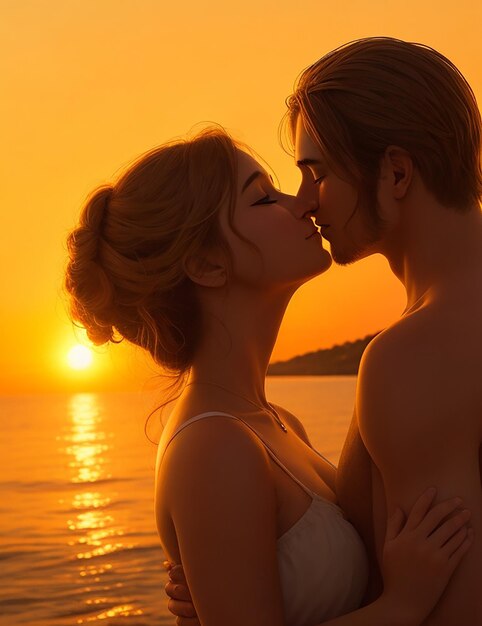 Romantic Love couple kiss beach sunset