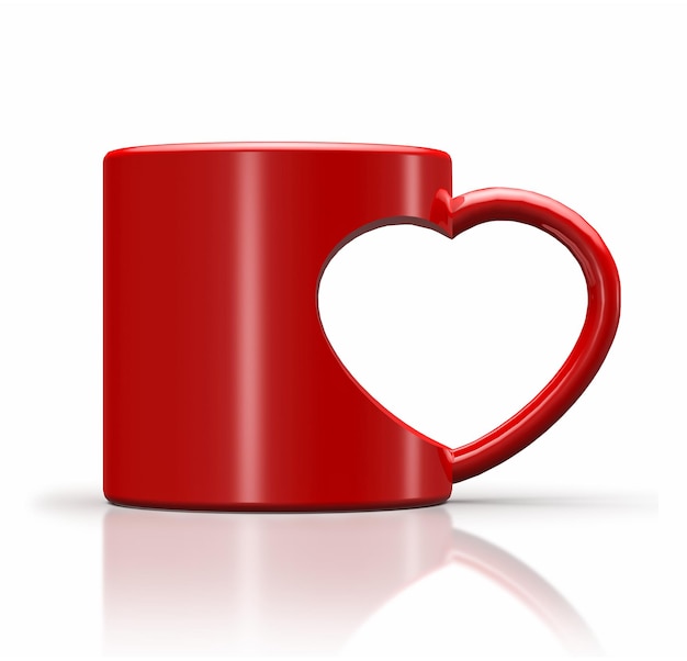 로맨틱 러브 컵. 심장 모양의 빨간 머그잔, 3D 렌더링 절연
